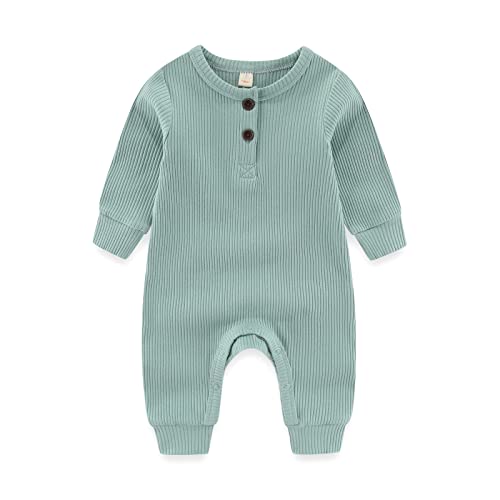 Iadoer Newborn Baby Boys Girls One Piece Romper With Mitten Cuffs 3 Pack Long Sleeve Ribbed Button Jumpsuit Outfit Clothes Green+Blue+Gray 12 Months #TOP1