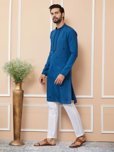 Image of See Designs Men's Long Sleeve Mandarin Collar Side Slit Off-White Embroidered Chanderi Silk Straight Kurta