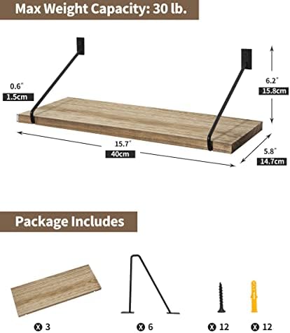 Gronda Wooden Floating Shelves Set of 3, Rustic Wall Mounted Shelves with Black Metal Brackets for Bathroom Kitchen Bedroom Living Room Office Plant Display Shelf Storage