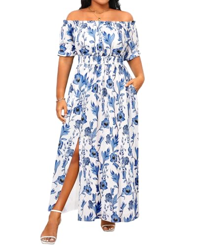 Image of Holipick Women's Off The Shoulder Boho Dress Plus Size Floral Smocked Waist Split Summer Maxi Sundress with Pockets