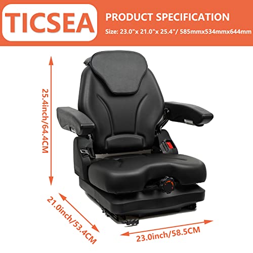 Image of Tractor Suspension Seat, Fold Down Forklift seat with Adjustable Angle Back, Micro Switch, Seatbelt and Armrests, Highback Low Suspension Heavy Duty for Tractor Mower Excavator Harvester