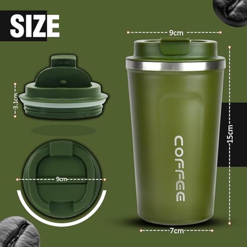 Image of Stvin 380ml Insulated Coffee Mug Travel, Stainless Steel Tumbler with Leak-Proof Lid, Reusable Thermal Cup for Hot & Cold Drinks, Car, Office, Camping & More (Green)