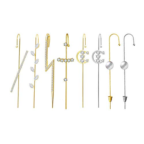 8 Pcs Ear Cuffs Crawler Hook Earrings for Women, Piercing Ear Wrap Climbers Earrings Simple Cubic Zirconia Rhinestone Hoop Earrings-Pearl Leaves -Unique Design (8pc)