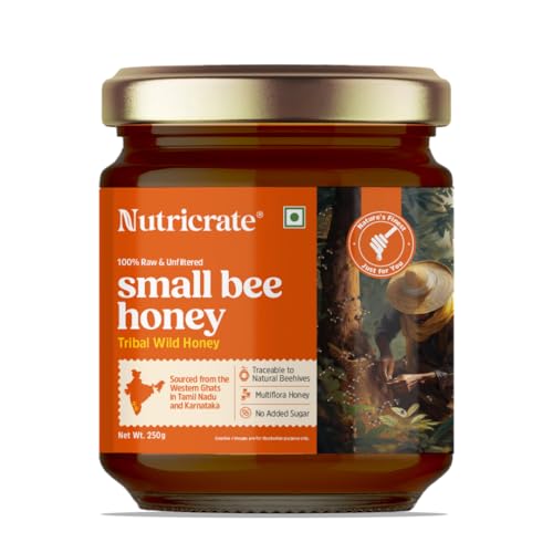 Image of Nutricrate Small Bee Pure Organic Honey - 250g Glass Jar - Kombu /Stingless Bee Raw & Unprocessed Honey from the Jungles of Western Ghats - Unpasteurized, No Sugar Adulteration - Supports Digestion