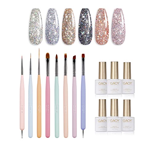 GAOY Chrome Platinum Glitter Gel Nail Polish Set of 6 Colors and 8 Pcs Nail Art Brushes Set, UV Light Cure Gel Polish and Tools for Nail Art DIY