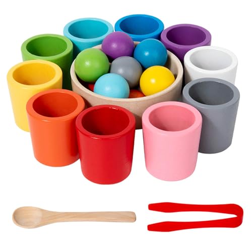 Holz Rainbow Ball und Becher Spielzeug - Farbige Lernspiele für Kinder, Montessori Sortier- und Stapelspielzeug mit 10 Farben, Bildungswerkzeug für Kinder ab 3 Jahren zur Farberkennung und Zählen