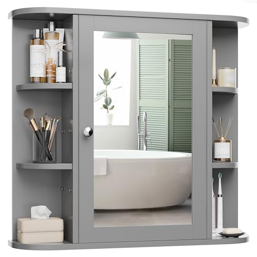 Meilocar Bathroom Mirror Cabinet Wall Mounted Medicine Cabinet with Mirror and 6 Open Shelves Modern Bathroom Wall Cabinets Medicine Cabinets Grey