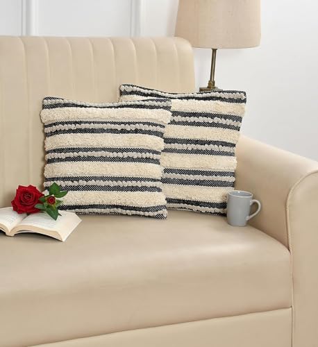 Image of Furnistitchs Premium Decorative Throw Cushion Pillow Cover Boho Home Decor - Living Room Bedroom Couch Sofa Cushion Covers 16 inch x 16 inch (2, Cream Stripes)