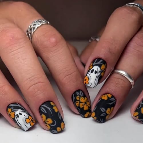 Ceboic 24 Piezas Halloween Uñas Postizas Cortas Cuadradas, Escarchado Negro Acrílico Uñas, Francesa Press on Nails, Cobertura Completa Uñas Artificiales con Fantasma Flor para Mujeres Niñas