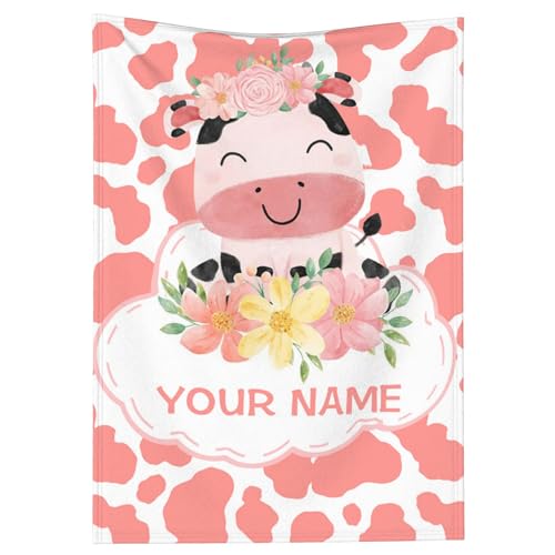 BLYIUKR Personalized Cow Print Blanket for Baby Kids with Name, Custom Cow Print Stuff Bedding Decor Sofa Cow Throw Blankets for Girls Boys Daughter Christmas Birthday Gifts