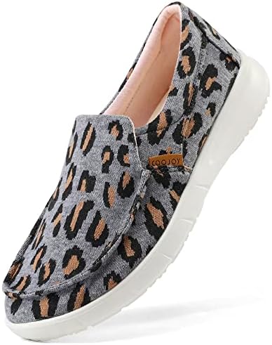 Women's Casual Canvas Slip on Boat Shoes Lightweight Stretch Deck Walking Sneaker Summer Cloth Comfort Beach Cheetah Leopard Grey,US8.5 EU39