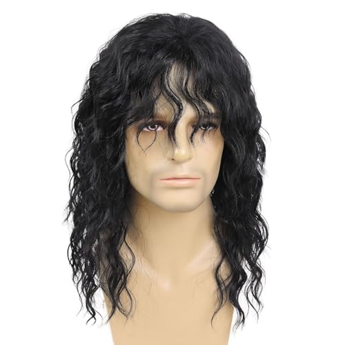 70s 80s Rocker Wigs for Men Long Curly Black MJ Wig Natural Color Hair