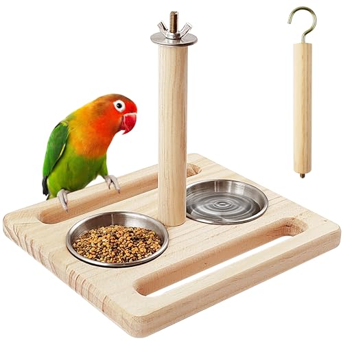 Bird Perch with Stainless Steel Feeding Bowl Cups,Parrot Wood Perch Stand Toy,Bird Cage Accessory,Parakeet Supplies for Parakeet Lovebird Cockatiel Conure Budgie Small Parrots (Large Size)