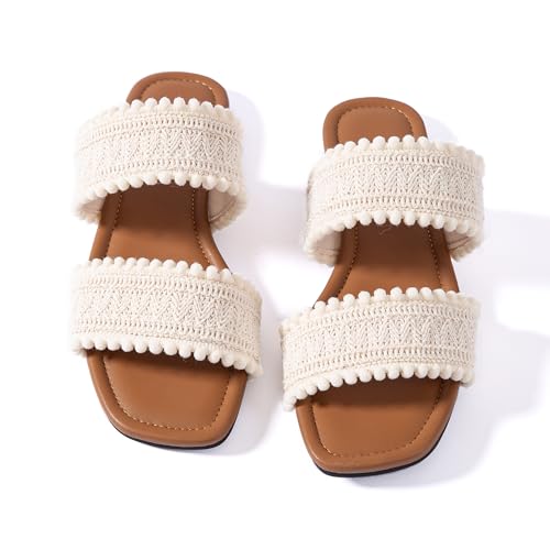 Mtzyoa Women's Sandals Casual Braided Dressy Summer Square Toe Quilted Flat Sandals