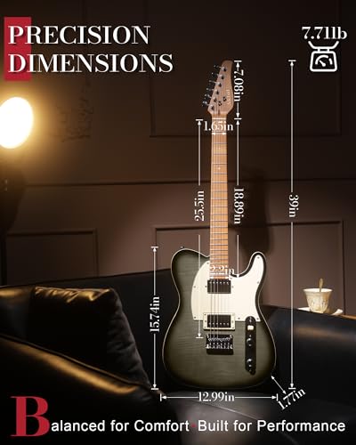 Image of AKLOT Modern TL Electric Guitar: Saddle String-Through Bridge, Locking Tuners, HH Pickup, Coil Split, Rounded End Frets, Roasted Maple Neck & Flame Maple Top, Beginner Guitars Kit with Gig Bag, Black