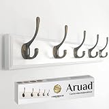 Aruad Garderobenleiste weiß, Wandgarderobe 61 cm mit einer soliden Dicke von 20 mm aus Bambus, 5 Haken Garderobe, Garderobenhakenleiste Holz, für Flur, Wohnzimmer, für Kleidung, Mützen, und Schlüssel