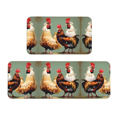 Juego de 2 alfombrillas de cocina antideslizantes con estampado de gallo y pollo para estar de pie