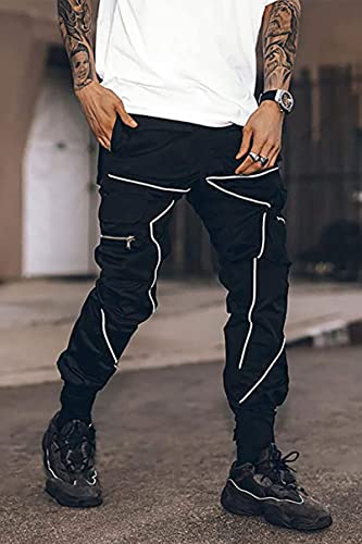 Boomlemon Men's Cargo Jogger Pants Reflective Technical Hip Hop Harem Pants Punk Streetwear Tactical Track Pants(Black Xl) #TOP1
