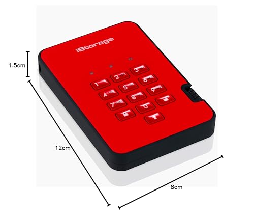 iStorage diskAshur2 SSD 1TB Red - Bezpieczny przenośny dysk SSD - Chroniony hasłem - Odporny na kurz i wodę - Szyfrowanie sprzętowe