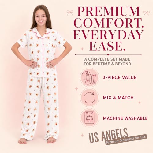 Image of US Angels Girls Pajama Set 3 Piece, Short Sleeve Button Down PJs with Shorts & Pants, Soft Sleepwear Girls & Tweens Size 5-16