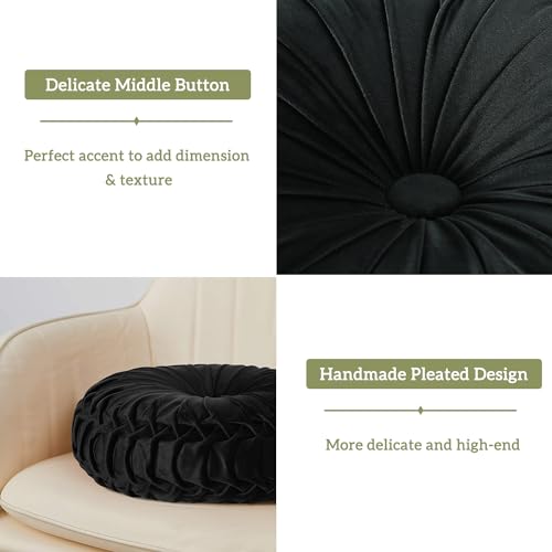 Image of HIG Set of 2 Decorative Round Pleated Throw Pillows, Classy Accent Pumpkin Throw Pillows with Center Button, Vintage Velvet Floor Pillows for Sofa Vanity Chair Bed, Black, 14.5 inch Diameter(Ripple)