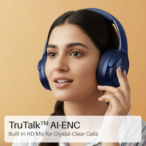 Image of pTron Studio Pro w / 65Hrs Playtime, Wireless Over Ear Headphones with HD Mic, Dual Device Pairing, TruTalk AI-ENC Calls, Low-Latency Game & Music, 40mm Drivers, BT5.4, Type-C Fast Charging (Navy Blue)