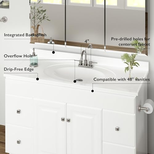Image of Design House Cultured Marble Vanity Top, 49 in W x 22 in D, Integrated 4 in Centerset Oval Sink & Backsplash, Solid White, 586255