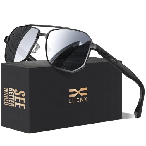 Image of Luenx Aviator Polarized Sunglasses for Men: Square UV400 Driving | Big Head Fit,Adjustable Nose Pads,Lightweight,Anti-slip,Impact-resistant,Scratch-Resistant,Glare Reduction,Gift-Ready Set