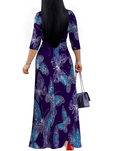 Image of Plus Size Dresses for Women Print Maxi Dresses 3 /4 Sleeve with Belt