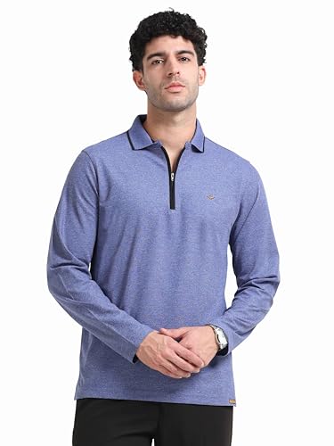 Image of STELLERS Men's Melange Full Sleeve Zipper Polo T-Shirt | Feather Soft Fabric | Breathable | Regular Fit | Quick Dry | Wrinkle Free | Tipping Design