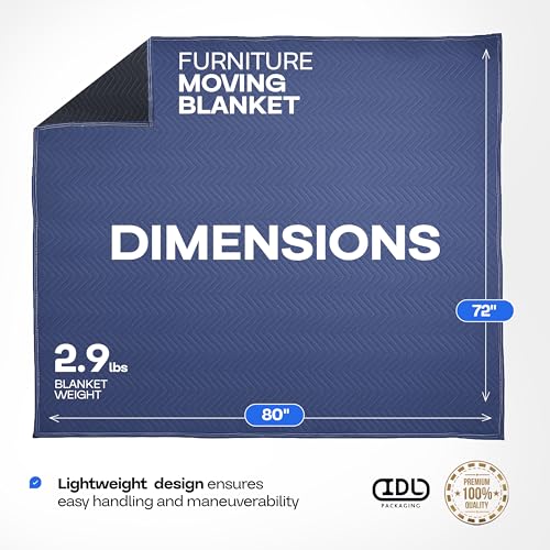 IDL Packaging Large Moving Blanket 80\" x 72\", Blue/Black Color - Heavy-Duty Furniture Pad for Moving & Wrapping - Thick Packing Blanket for Furniture Protection - Padded Mover Cover