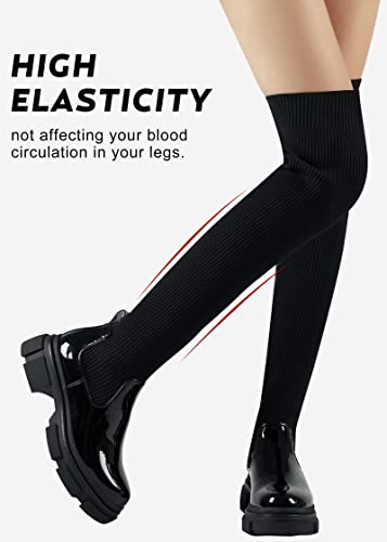 Shoe'n Tale Thigh High Boots Round Toe Mid Chunky Heel Stretch Over The Knee Boots For Women(7, Black) #TOP3