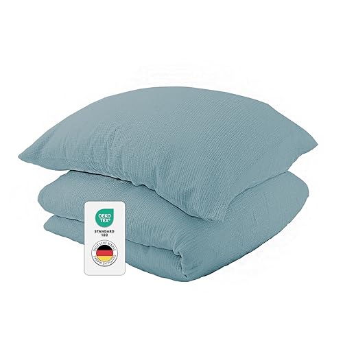 jilda-tex Bio-Bettwäsche Musselin Medina 100% Bio-Baumwolle Reißverschluss Knitterlook Bügelfrei Uni Made in Green (Steinblau, 135x200 + 80x80 cm)