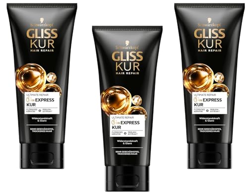 3x Gliss Kur 1-Minute Express Kur Ultimate Repair Haarkur mit Keratin für extrem geschädigtes Haar, schon nach 1 Minute wirksam, 200ml (3er Pack)