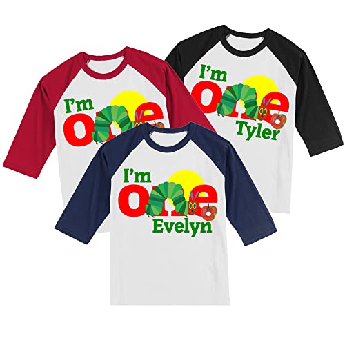 Personalized Caterpillar 1st Birthday Shirt | 1st Birthday Shirt | Handmade Decorated Shirt | Personalized with Name and Age | Unisex 3/4 Sleeve Raglan T-Shirt | #11244