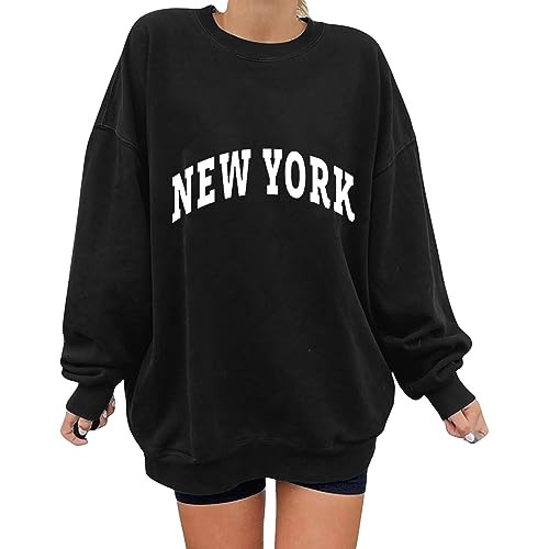 Image of Graphic Sweatshirts for Women Los Angeles California Crewneck Long Sleeve Casual Loose Pullover Tops Black