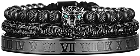 AIDUOMIRZER 3pcs/set Classical Handmade Braiding Bracelet Hip Hop Men Pave CZ Leopard Head Roman Numeral Bracelet Stainless Steel Jewelry