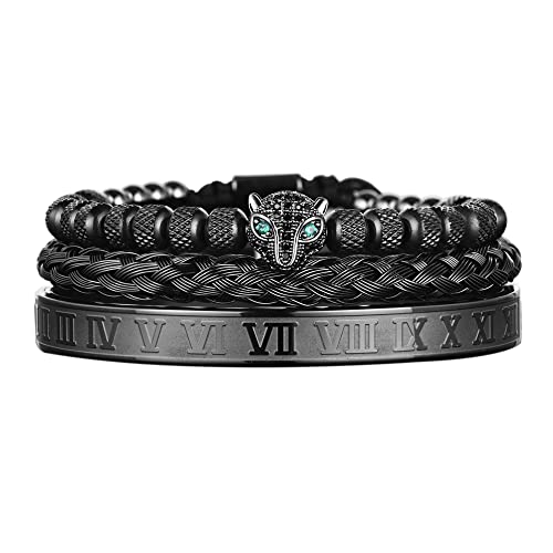 Aiduomirzer 3Pcs/Set Classical Handmade Braiding Bracelet Hip Hop Men Pave Cz Leopard Head Roman Numeral Bracelet Stainless Steel Jewelry (Black Set A) #TOP3