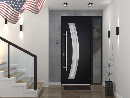 VDOMDOORS Front Exterior Prehung Steel Door/Deux 6500 Black/Side Exterior Window/Stainless Inserts Single Modern Painted-W36+12" x H80-Left-hand Inswing