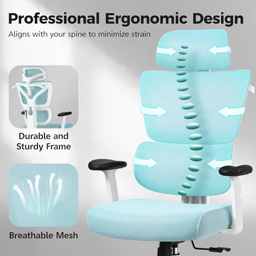Image of Ergonomic Office Chair High Back Desk Chair with Lumbar Support, Breathable Mesh Computer Chair with Adjustable Armrests Height, Reclining Swivel Big and Tall Gaming Chair for Home Office(Light Blue)