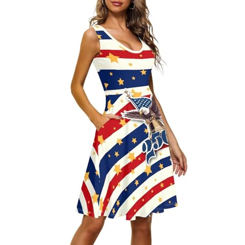 Image of Women Stylish Tank Dresses Sleeveless Round Neck Midi Casual Dress with Pocket for Summer