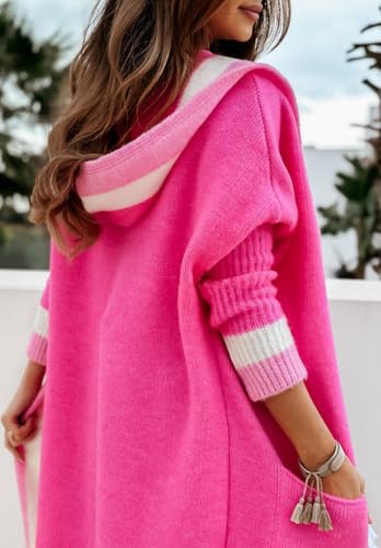 Image of CHARTOU Hooded Long Knit Cardigan for Women Blcoked Color Long Sweatshirt Jacket Sweater