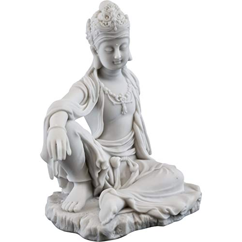 Top Collection Water & Moon Quan Yin Royal Ease Pose Statue- Buddhist Kwan Yin Goddess Of Compassion And Mercy Sculpture In White Marble Finish - 7.25-Inch Collectible Figurine #TOP3
