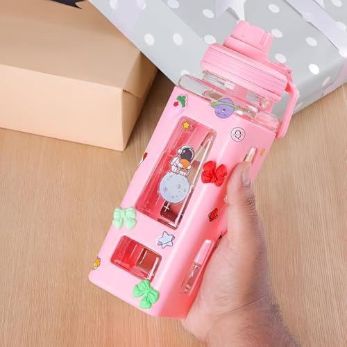 Image of LHOTSE FreeSip Cute Square Water Bottle for School with Straw & Leakproof Lid - Large Capacity Kawaii Bottle for Kids, Girls & Office Use (Pink)