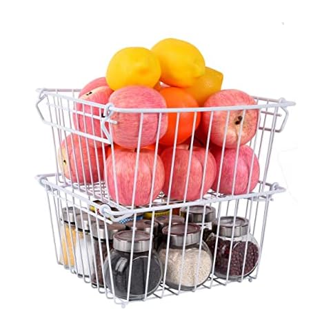 yaenoei Stackable Wire Storage Basket (2 Pack) Metal Baskets for Storage Organizer Bin for Pantry, Shelf, Freezer, Kitchen, Cabinet, Bathroom (White) Cover