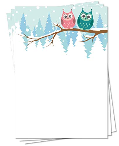 LYSCO Motiv Briefpapier (Eulen-5138, DIN A4, 25 Blatt) Motivpapier Eulenpapier, grüne rote Eulen im Winter Schnee sitzend auf einem Ast tief verschneit
