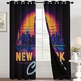 Générique Rideau Occultant New York, Rideaux Thermiques Anti Chaleur 75x166 (L x H) 2 Panneaux, Motif Vue Nocturne, Decoration Chambre Salon Fenetre, avec Oeillets YD242