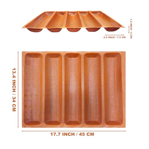 FETESUR Silicone Perforated Baking Forms Sandwich Mold French Baguette Bread Pan Food Mat 5 Loaf Non-Stick Baking Liners (Orange) - Thumbnail 3
