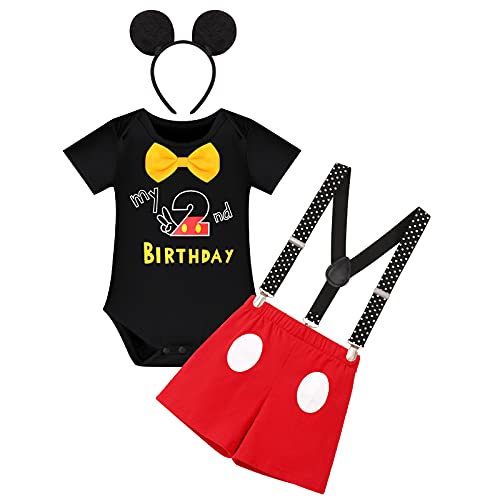 IMEKIS Gentleman Mouse 2nd Birthday Outfit Boys Cake Smash Photo Props for Toddler Kid Baby Romper Suspenders Shorts Bloomers Headband Second Mouse Birthday Party Black 2-3 Years