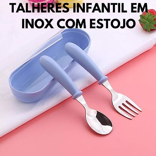 Kit talheres Infantil Aço Inox Colher Garfo Kit Com Estojo Bebe MAIS SAUDÁVEL E SEGURA (AZUL)